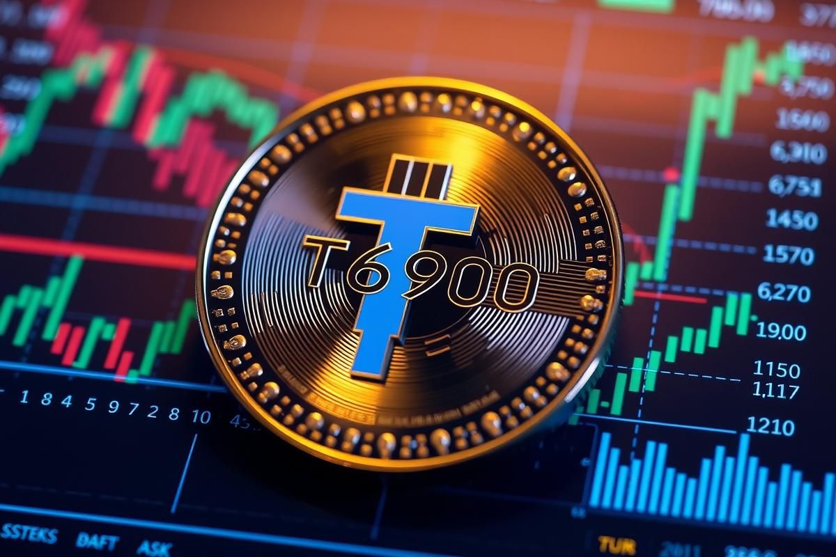 เหรียญ Token6900 บนหน้าจอโปร่งใสที่แสดงกราฟทางการเงิน แสดงถึงความโปร่งใสของโครงการ
