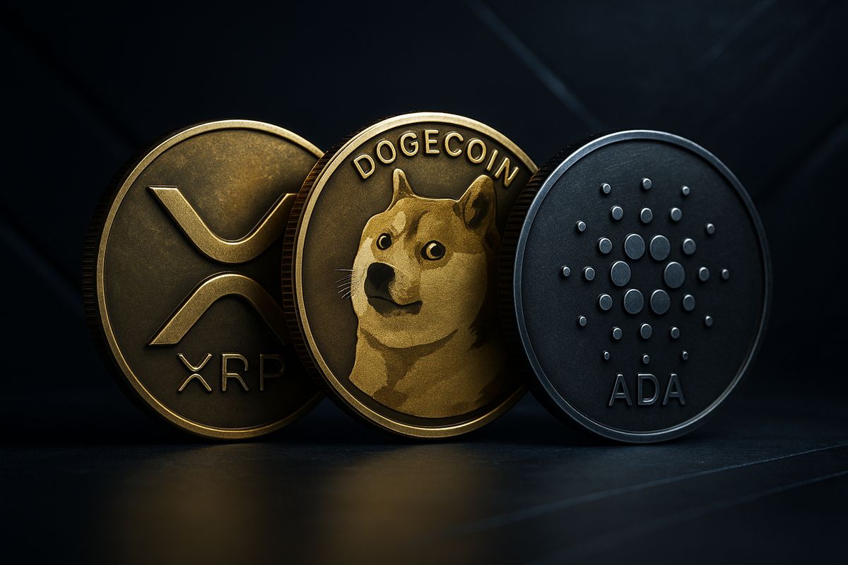 เหรียญ Altcoin ยอดนิยมอย่าง XRP, Dogecoin และ Cardano วางเรียงกัน