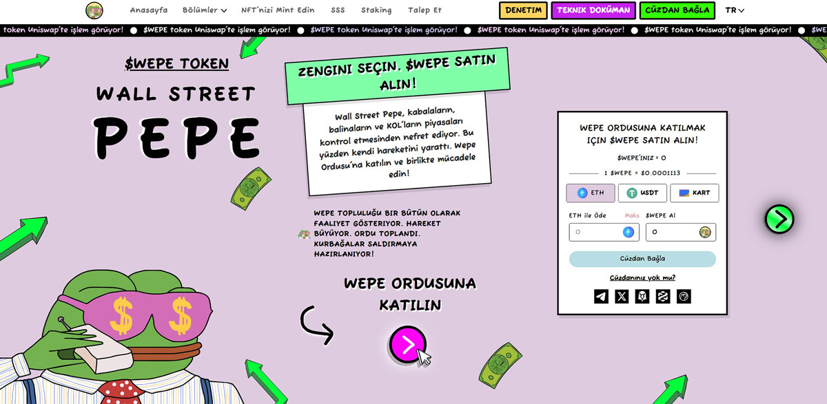 Wall Street Pepe ($WEPE), 50x yapcak coinler arasında öne çıkıyor.