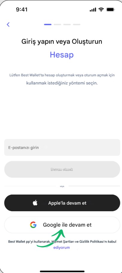 Best Wallet'e giriş yapın veya kayıt olun ve cüzdan oluşturun