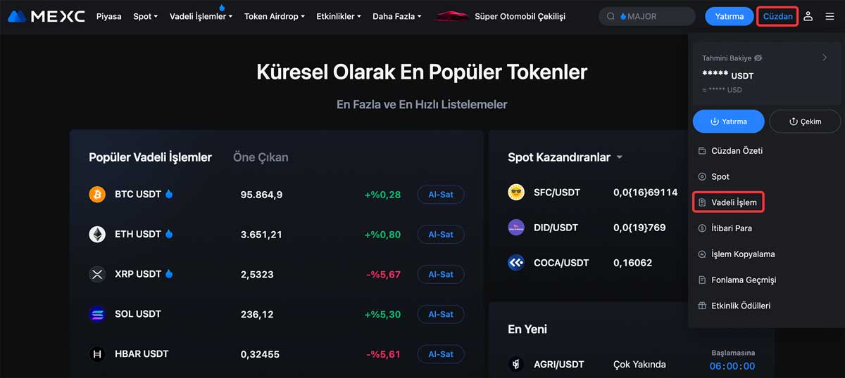 MEXC vadeli işlem menüsünü bulun