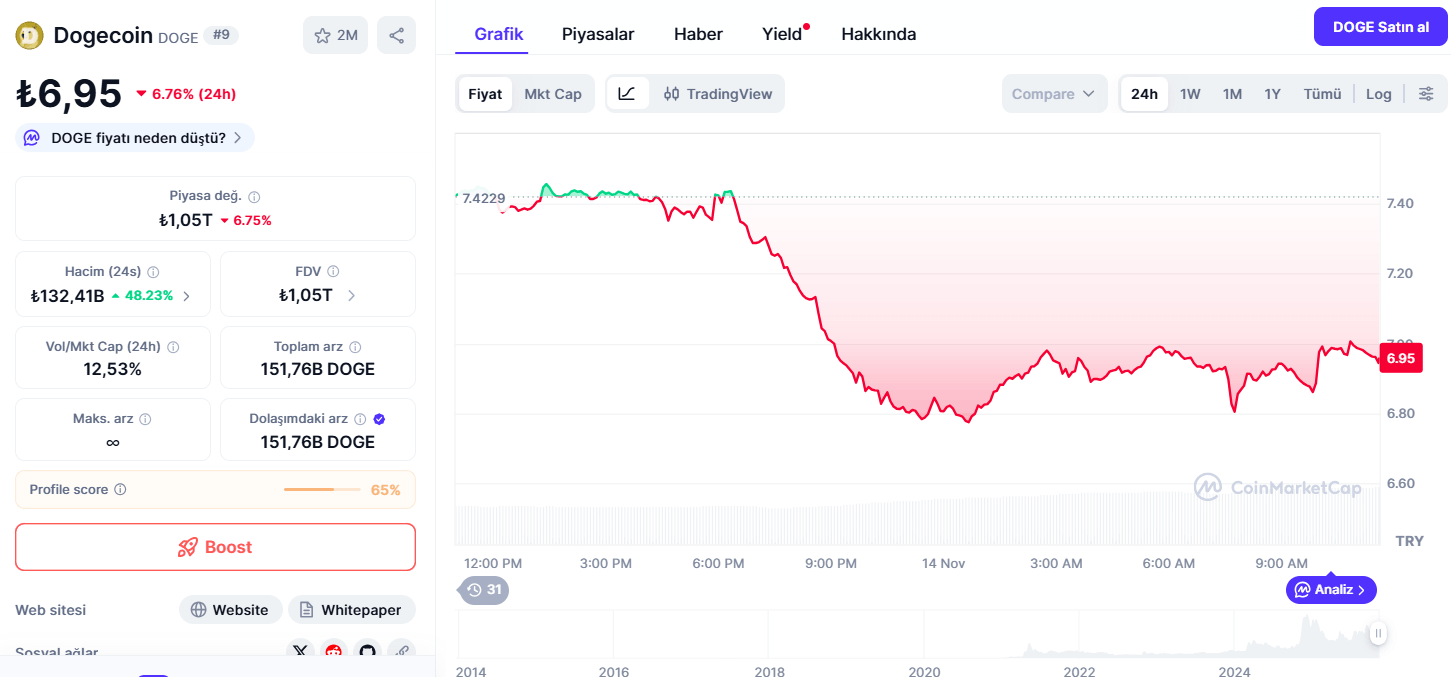 Dogecoin Fiyatı 24 Saatte %6,37 Geriledi