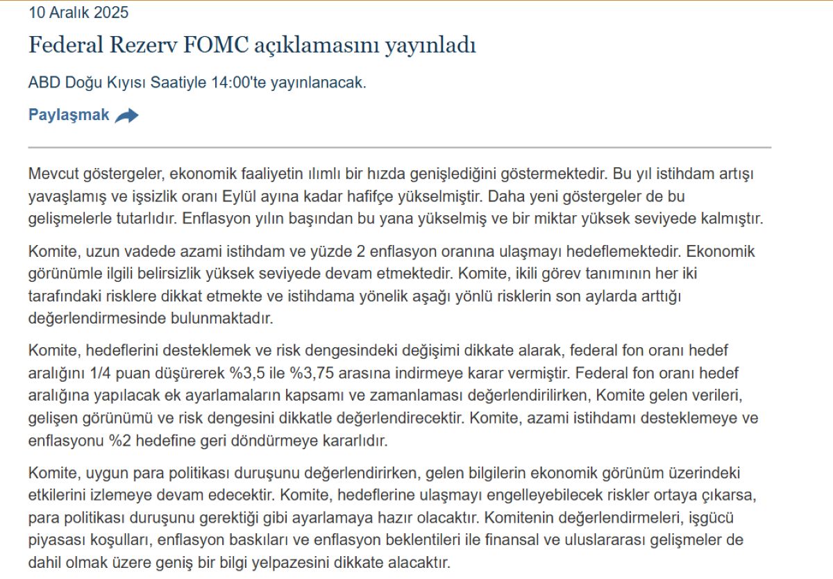Fed faiz kararı açıklandı