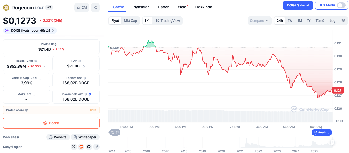 Dogecoin Fiyatı 24 Saatte %2,23 Düştü