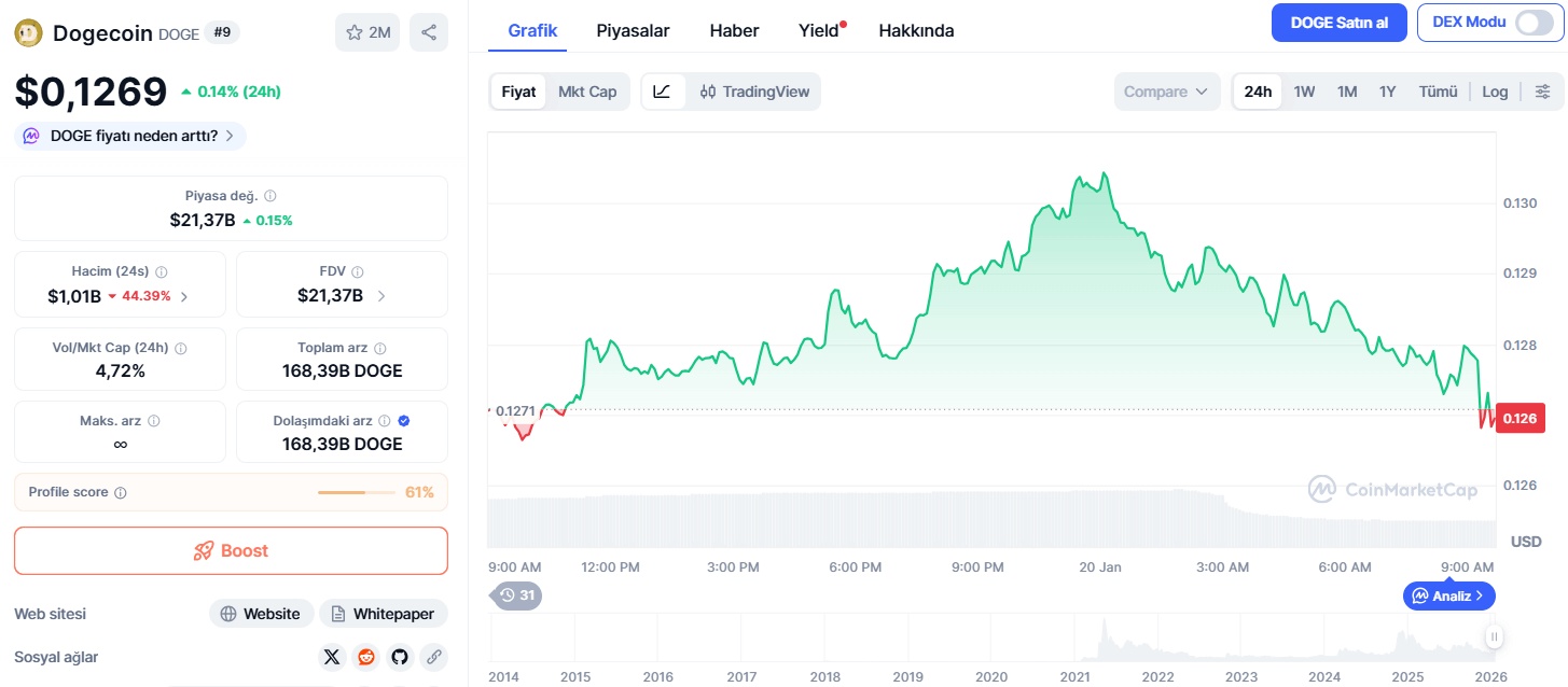 Dogecoin Fiyatı Son 24 Saatte %1,02 Arttı