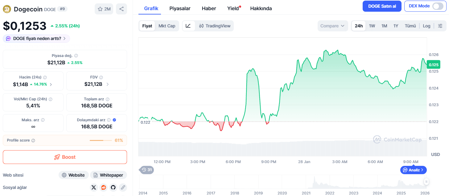 Dogecoin Fiyatı Son 24 Saatte %0,92 Arttı