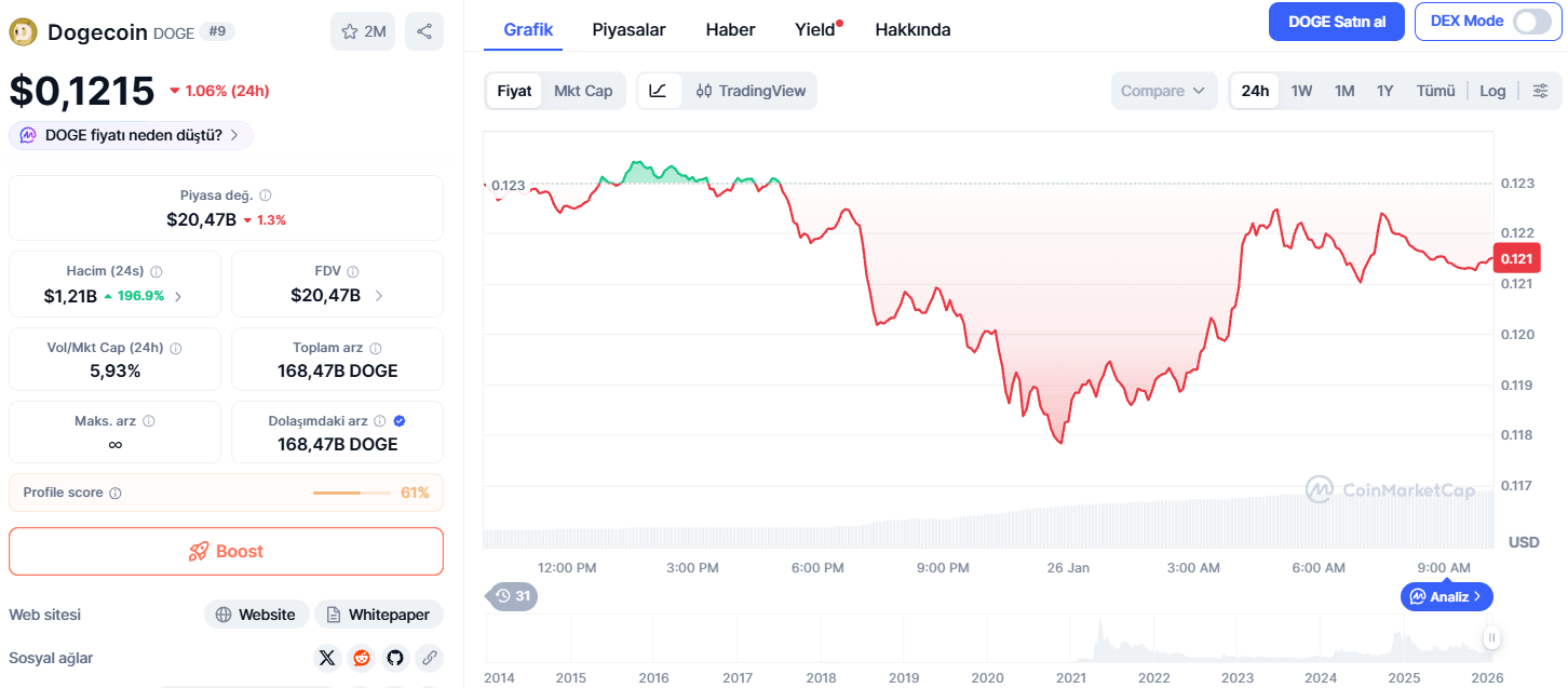 Dogecoin Fiyatı 24 Saatte %1,06 Düştü