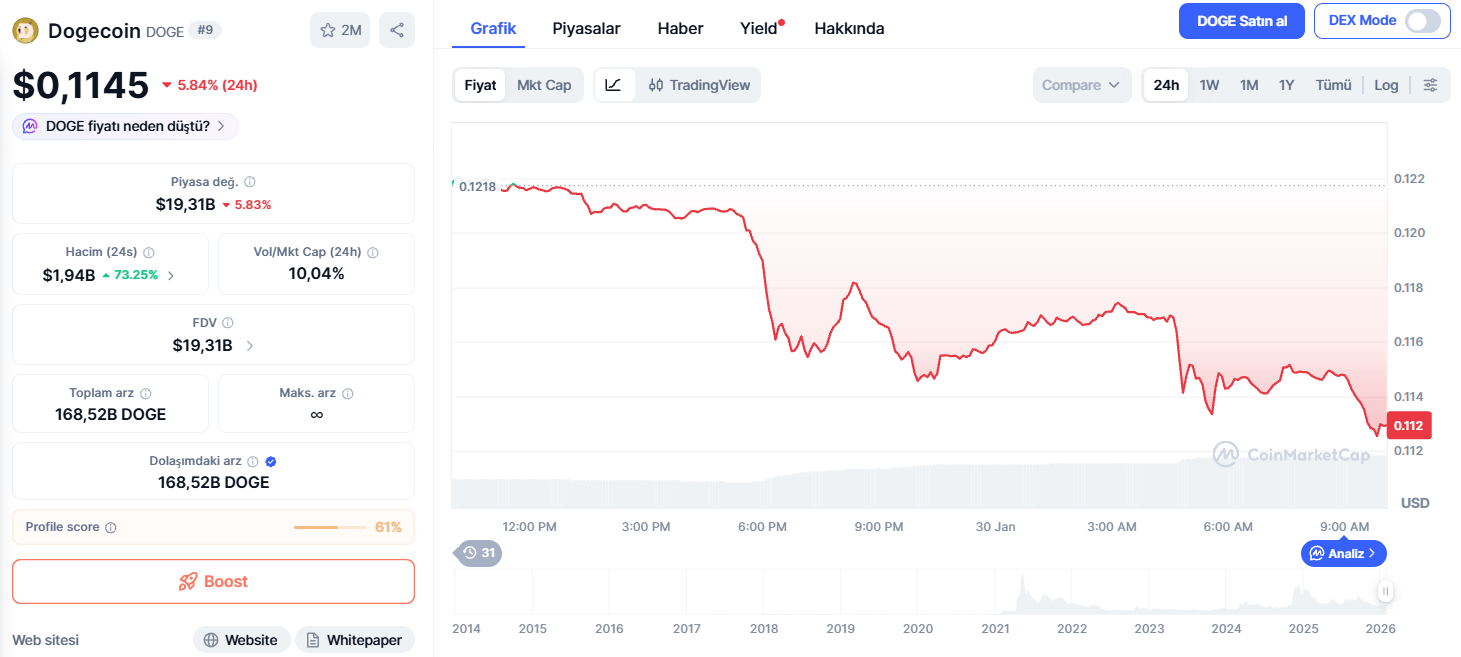 Dogecoin Fiyatı 24 Saatte %5,84 Düştü