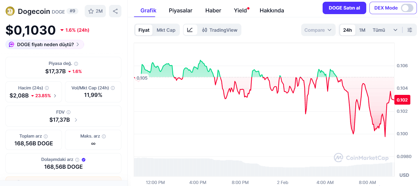 Dogecoin Fiyatı 24 Saatte %1,6 Düştü