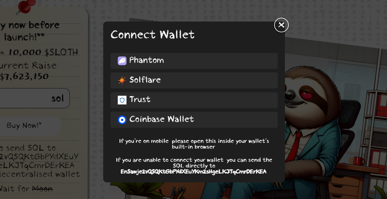 How to connect wallet to buy Slothana