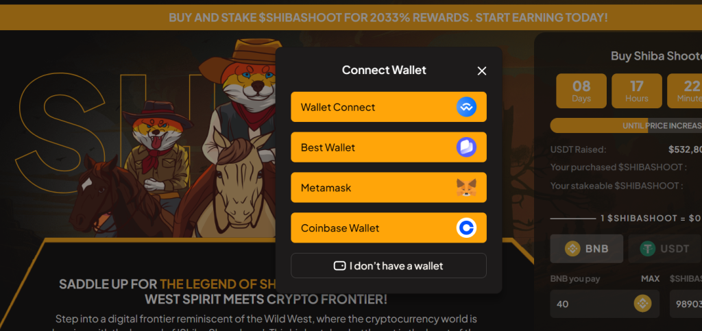 Connect wallet on Shiba Shootout presale website