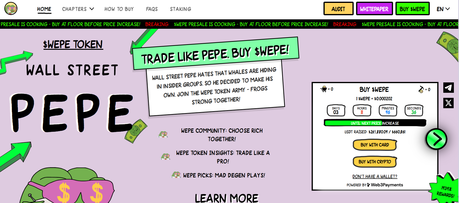 Wall Street Pepe presale page