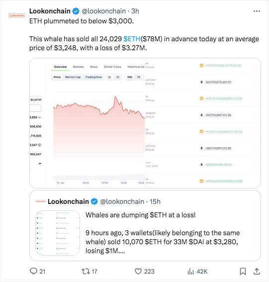 lookonchain spots whale selling thousands of eth tokens at a loss