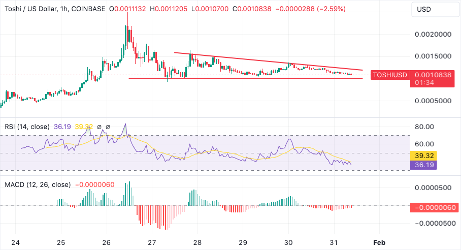 toshi finds support at $0.0010 but momentum remains negative