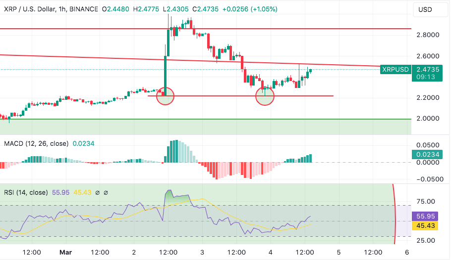 xrp hourly chart shows that bulls need to overcome the $2.6 level