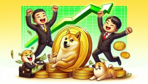 dogecoin crypto celebrating alongside investors with green chart line in the background, cartoon sty
