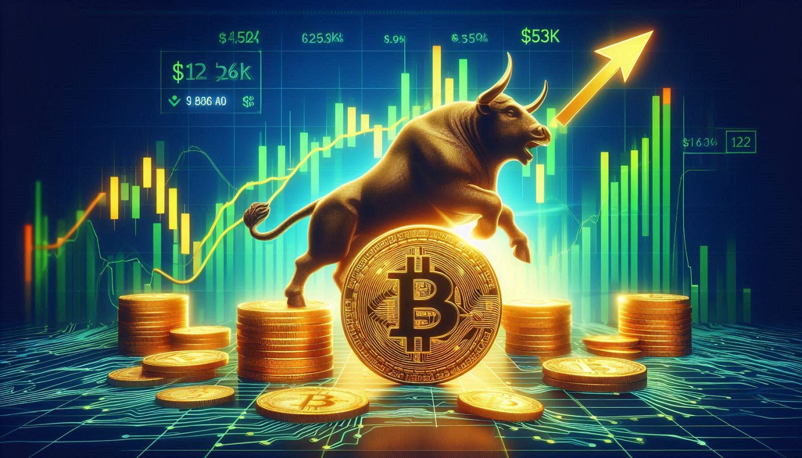 bitcoin cryptocurrency being boosted with a bull figure in the background and surging with the numbe