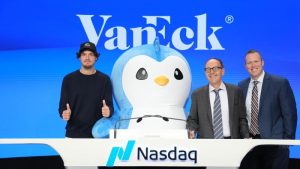 pudgy penguins mascot opening bell at the nasdaq