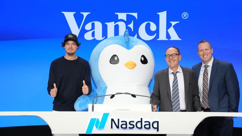 pudgy penguins mascot opening bell at the nasdaq