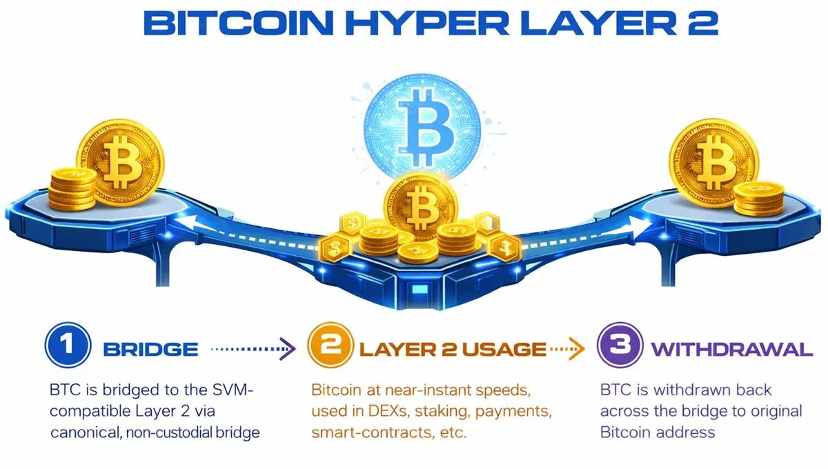 Diagram illustrating Bitcoin Hyper Layer 2 solution with coins and process steps.