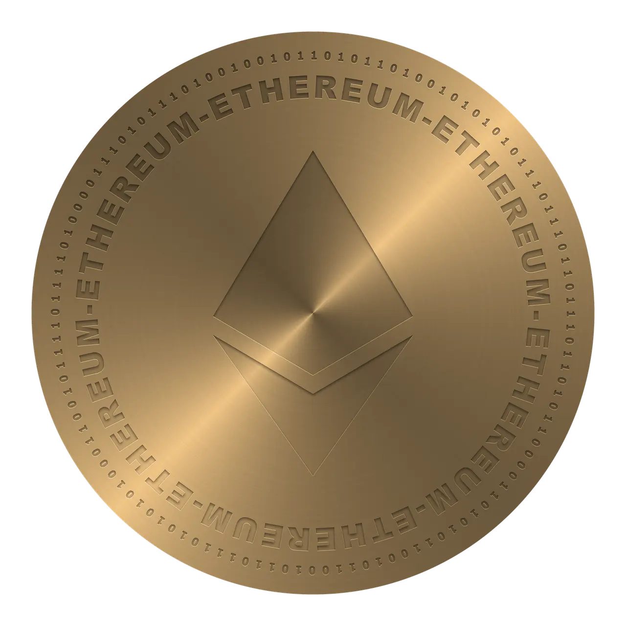Gold Ethereum cryptocurrency coin with logo and binary code design.