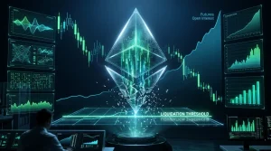 Ethereum logo fragmenting through digital price barrier with neon data streams in futuristic trading environment