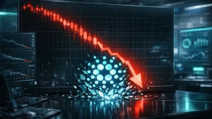 Cardano News: Cardano ADA token hologram collapsing on futuristic trading display with neon tech atmosphere