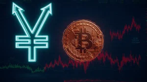 Bitcoin under pressure with Japanese yen crisis visualization in futuristic trading terminal