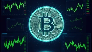 Bitcoin under pressure in futuristic crypto trading center with declining charts and neon HUD displays