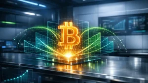 Bitcoin ETF covered call options visualized in futuristic trading lab with holographic strike price curves
