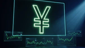 Futuristic trading display showing Japanese yen and Bitcoin symbols with neon green and teal holographic data