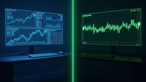 Split-screen crypto trading environments showing divergent Bitcoin chart trajectories in futuristic tech setting
