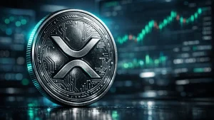 XRP cryptocurrency coin in sharp focus against glowing teal and green holographic trading displays