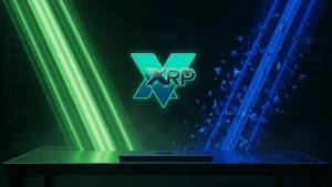XRP token suspended between rising green spot demand and falling blue short positions in futuristic trading environment
