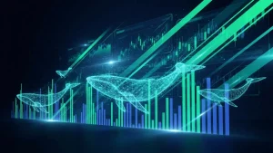 XRP whale trading data visualization with neon green flow streams and futuristic HUD analytics display