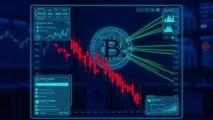 Bitcoin ETF outflows visualization with downward price chart in futuristic trading terminal interface
