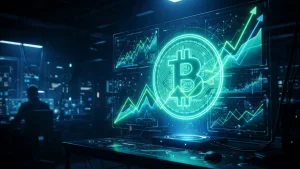 Futuristic Bitcoin hologram with neon green price charts in high-tech trading command center