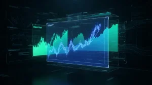 Futuristic holographic trading display showing USD JPY and Bitcoin charts in neon blue and green