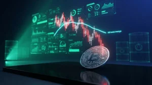 Bitcoin coin tilting downward with neon trading charts and technical indicators in futuristic crypto lab setting