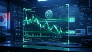 XRP price chart with falling channel pattern in futuristic crypto trading terminal with neon accents