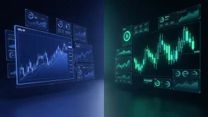 Split-screen trading display comparing Nifty 50 stock charts and Bitcoin price data with futuristic holographic interface