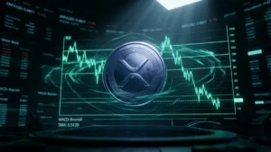 XRP token with holographic RSI chart breaking historic support levels in futuristic trading interface
