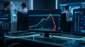 Abstract institutional Bitcoin ETF outflow dashboard with red market reversal and neon crypto trading visuals