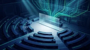 Futuristic Senate chamber with a glowing digital asset barrier symbolizing the CLARITY Act vote
