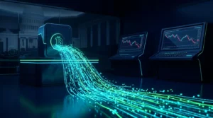 Futuristic visualization of Bitcoin ETF outflows and crypto policy uncertainty in a neon trading lab