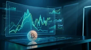 Bitcoin beside abstract inflation and interest-rate market signals in a futuristic trading lab