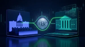Bitcoin emblem between crypto legislation and Federal Reserve market signals in a neon trading lab