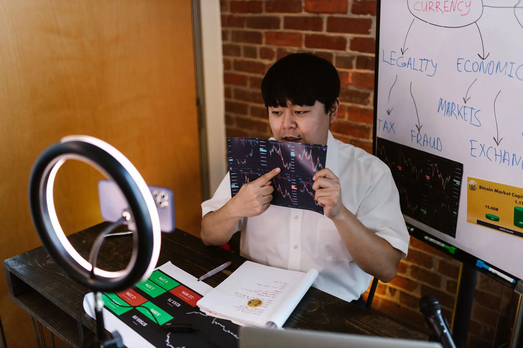 A man holding a tablet showing financial charts next to a whiteboard with the words Currency and Fraud written on it.