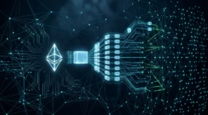 Segmented Ethereum payload traveling across a neon validator network, illustrating faster propagation and bandwidth overhead.
