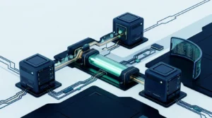 Three autonomous agents coordinating a blockchain testnet transfer in a futuristic crypto lab